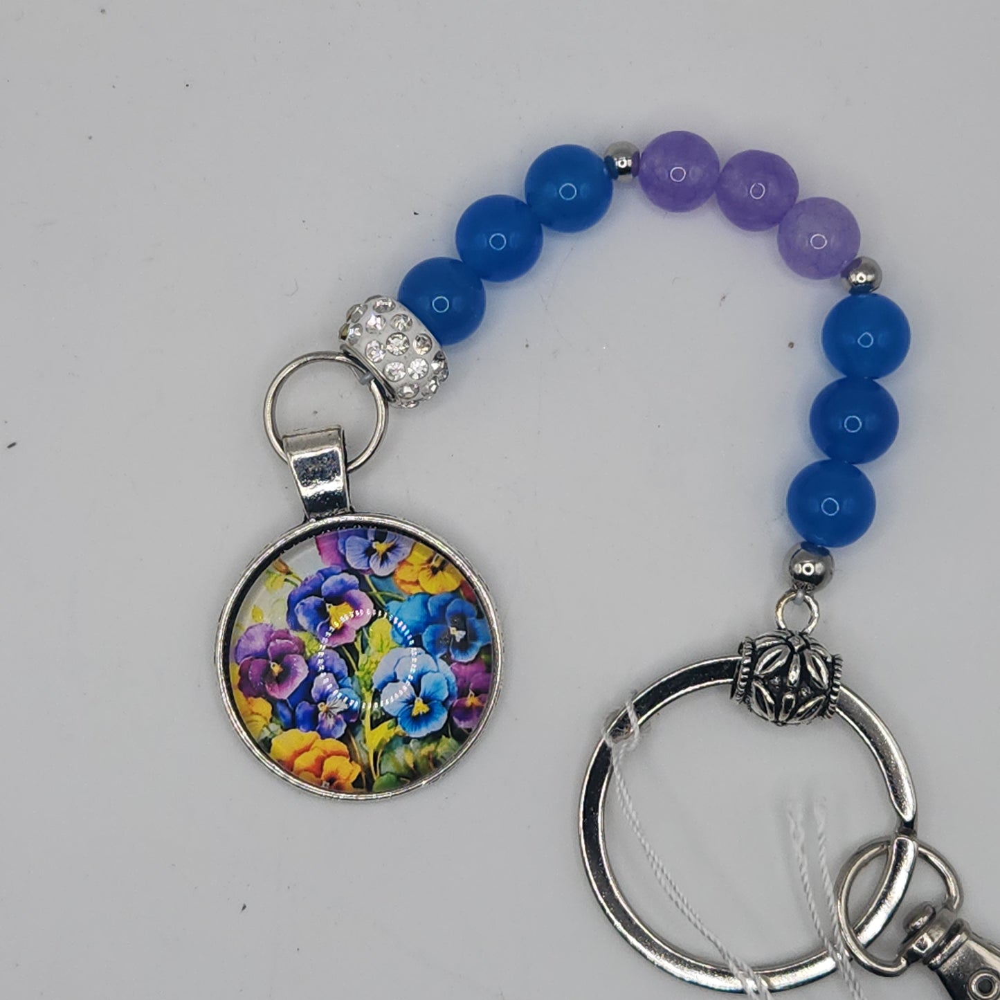 Blue and purple jade key-chain with flower pendant