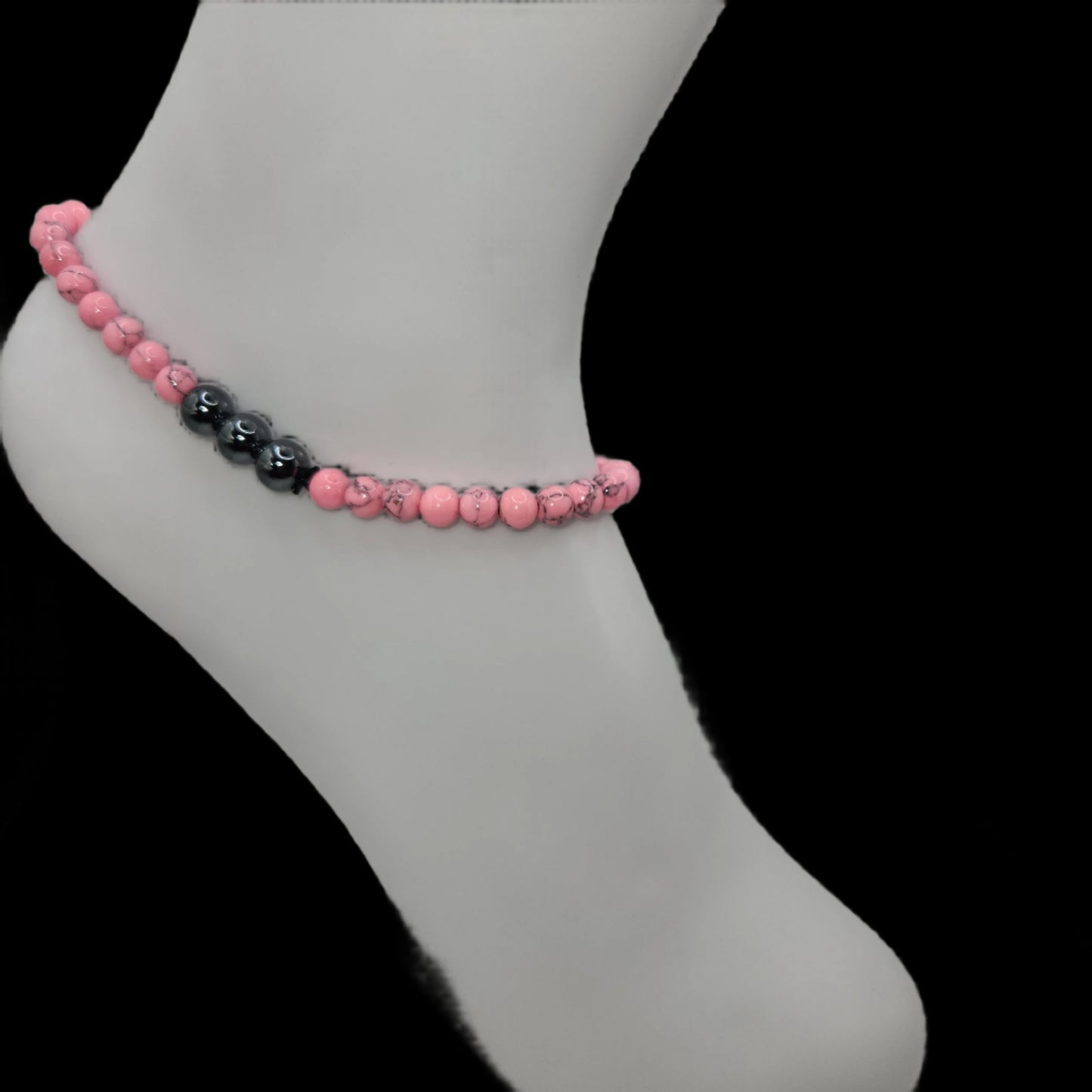 Hematite and pink turquoise M/L anklet and bracelet set