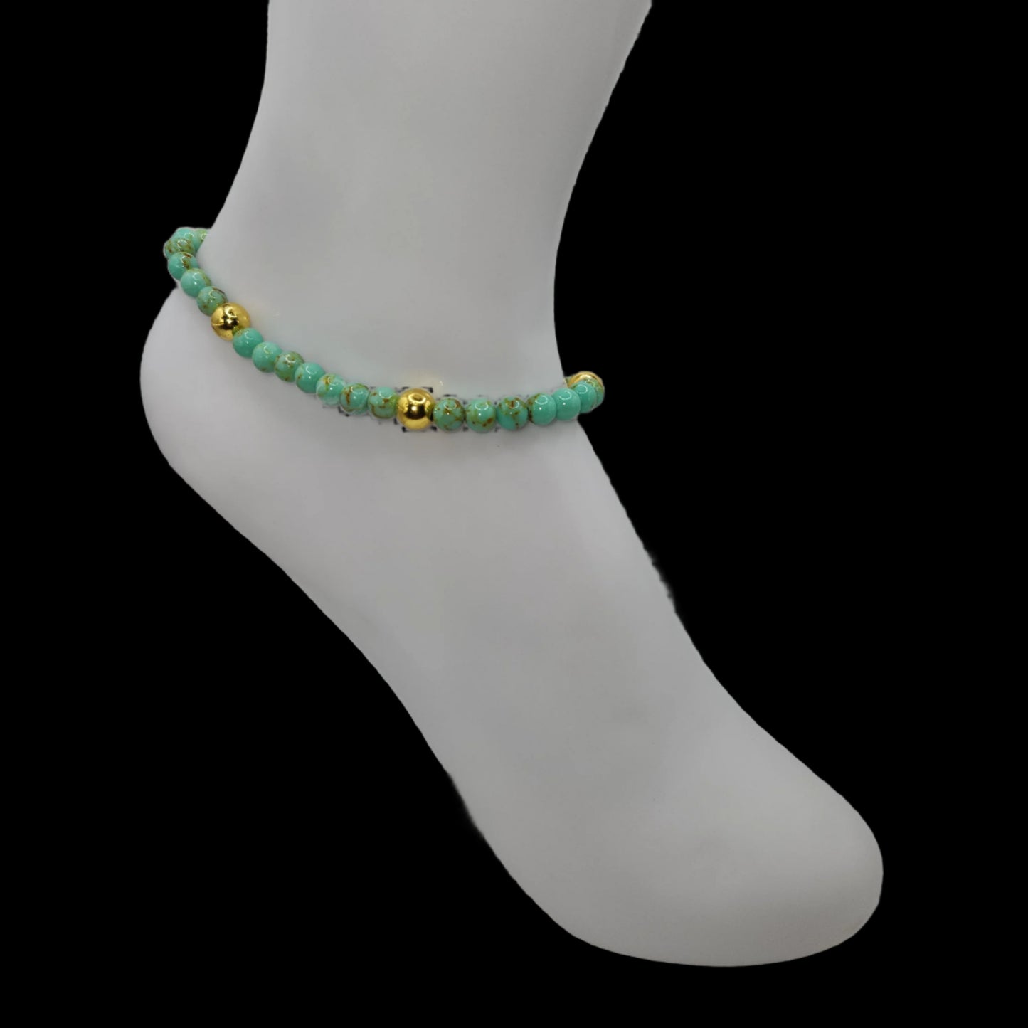 Green turquoise and gold-plated beads M/L anklet and bracelet set