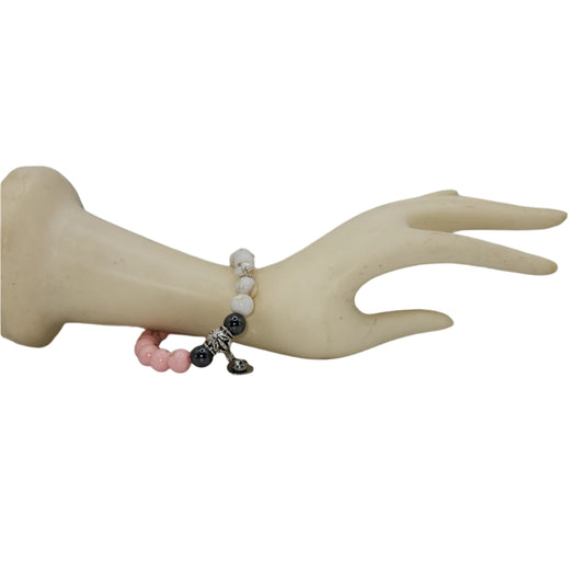 Pink and white rounded seashell bracelet with heart and crystal charm