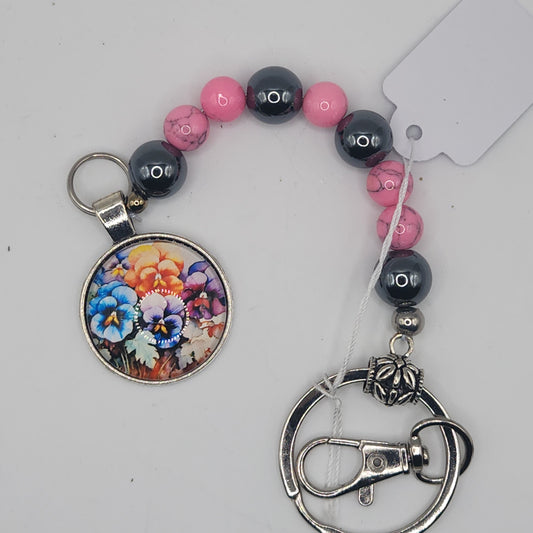 Pink turquoise and hematite key-chain with flowers pendant