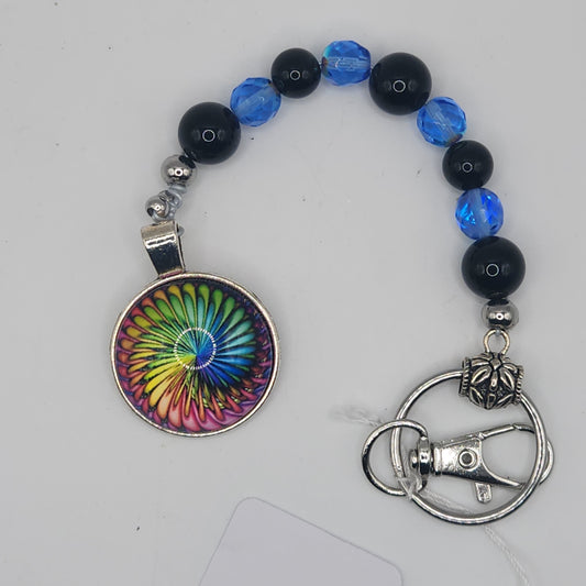 Onyx and blue crystal key-chain  with rainbow spiral pendant