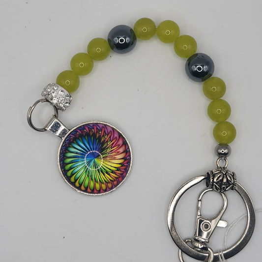Jade and hematite key-chain with rainbow spiral