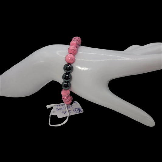 Hematite and pink turquoise M/L anklet and bracelet set