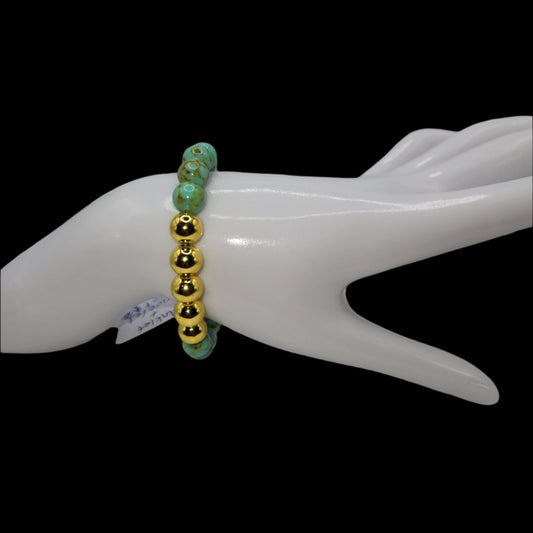 Green turquoise and gold-plated beads M/L anklet and bracelet set